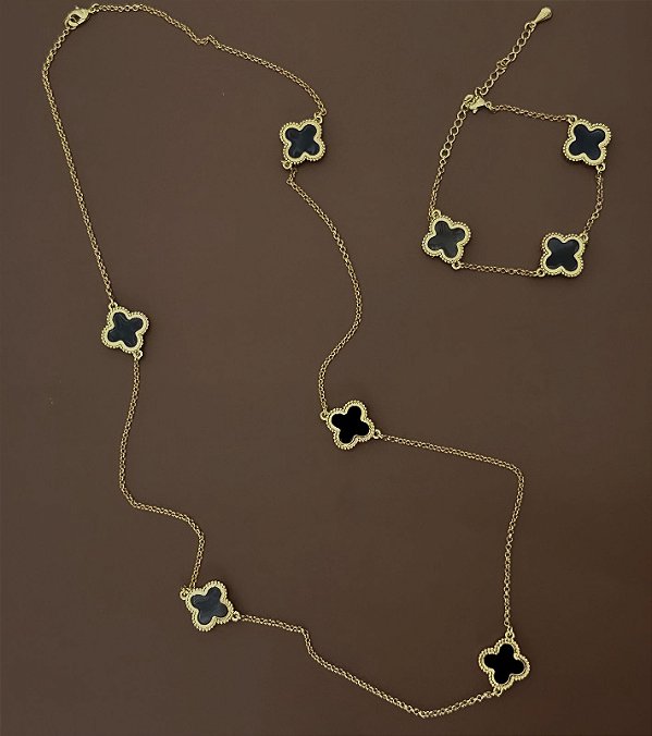 CONJUNTO COLAR E PULSEIRA TREVO PRETO DOURADO
