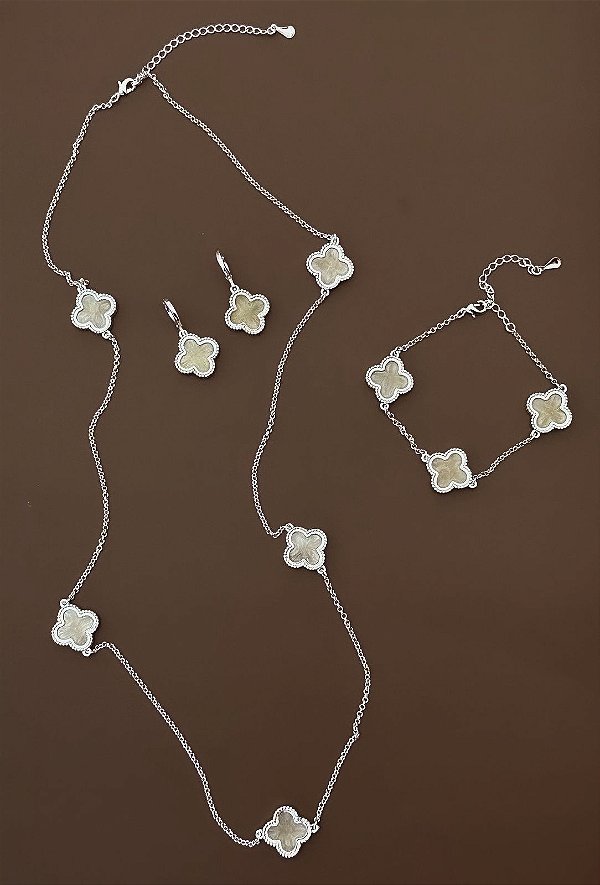 CONJUNTO COLAR BRINCO PULSEIRA TREVO MADREPEROLA