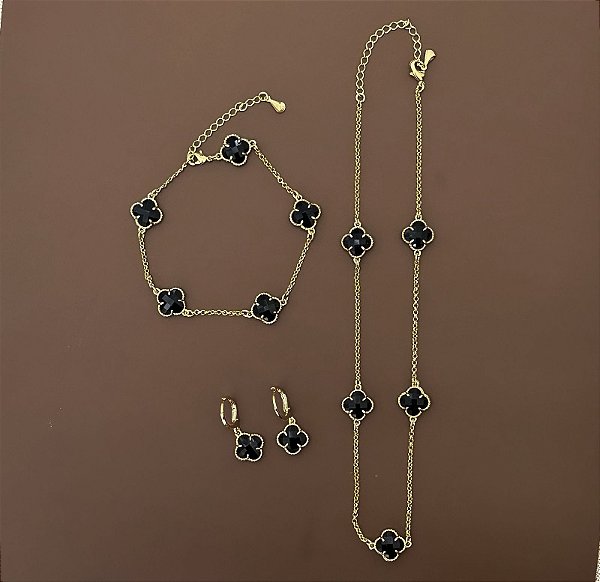 CONJUNTO CHOKER PULSEIRA BRINCO TREVO PRETO