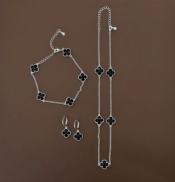 CONJUNTO CHOKER PULSEIRA BRINCO TREVO PRETO