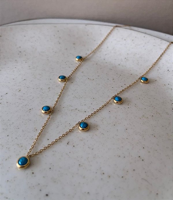 COLAR FEMININO AZUL TURQUEZA PINGENTES AÇO DOURADO