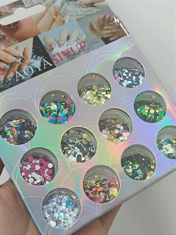 KIT COM 12 DECORAÇÕES SORTIDAS- BRILHO CIRCULAR FLOCADO