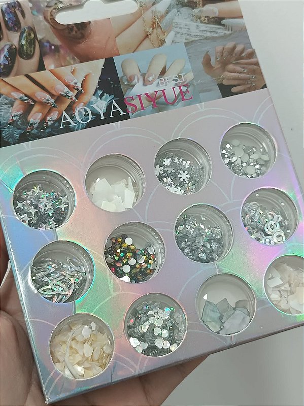 KIT COM 12 DECORAÇÕES SORTIDAS- PRATA COM MADREPEROLA