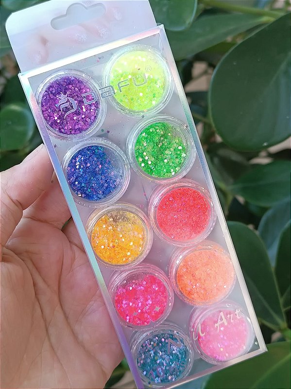 KIT COM 10 BRILHOS NEONS FLOCADOS DAFU