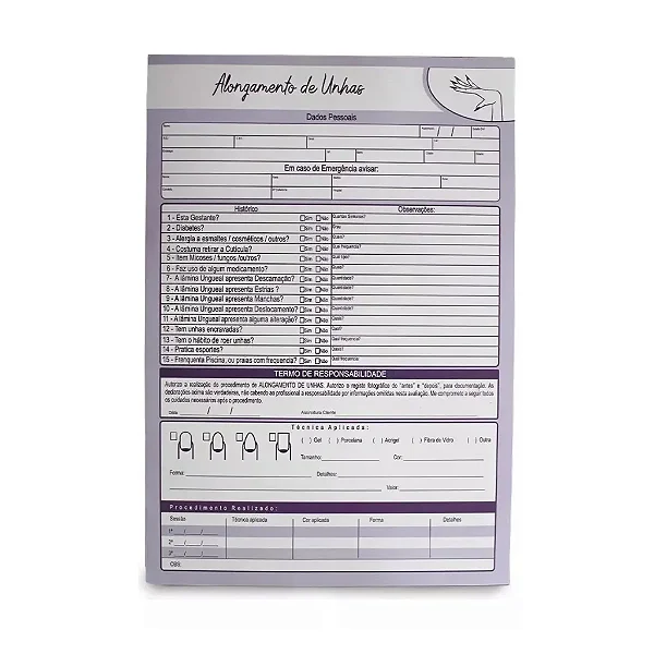 BLOCO DE FICHA DE ANAMNESE ALONGAMENTO DE UNHAS