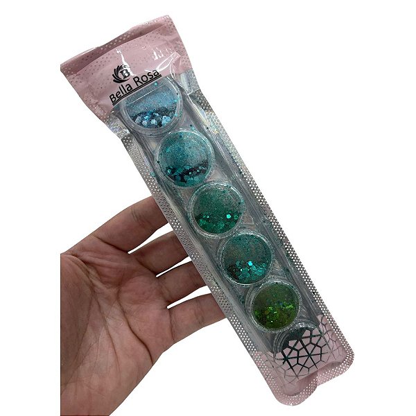 KIT COM 6 BRILHOS FLOCADOS AZUL/ VERDE