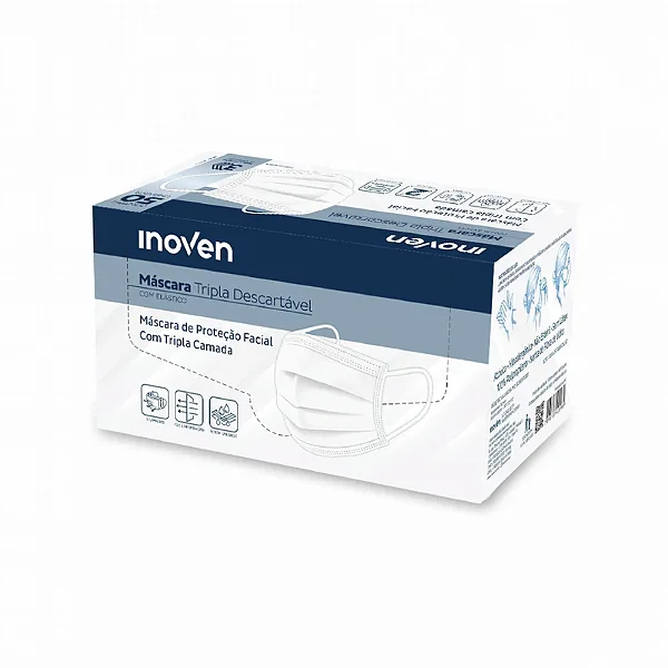 CAIXA DE MASCARA TRIPLA DESCARTAVEL BRANCA INOVEN COM 50UND