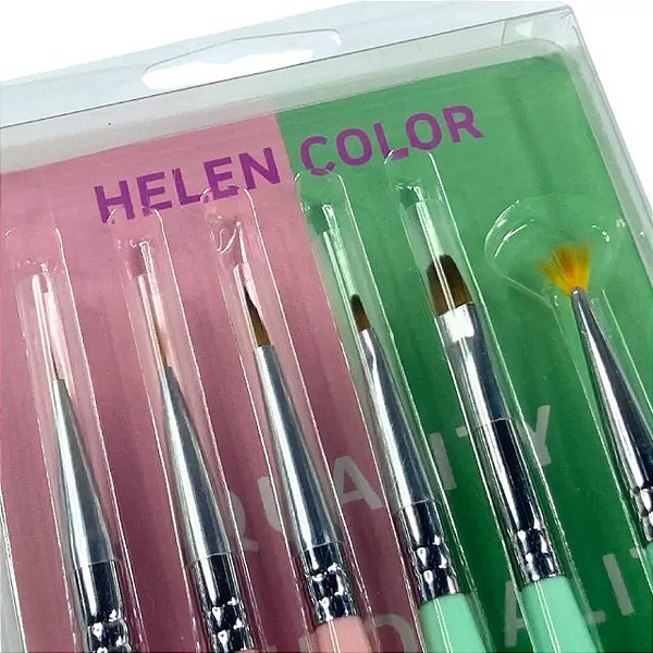 KIT COM 6 PINCEIS HELEN COLOR VERDE E ROSA
