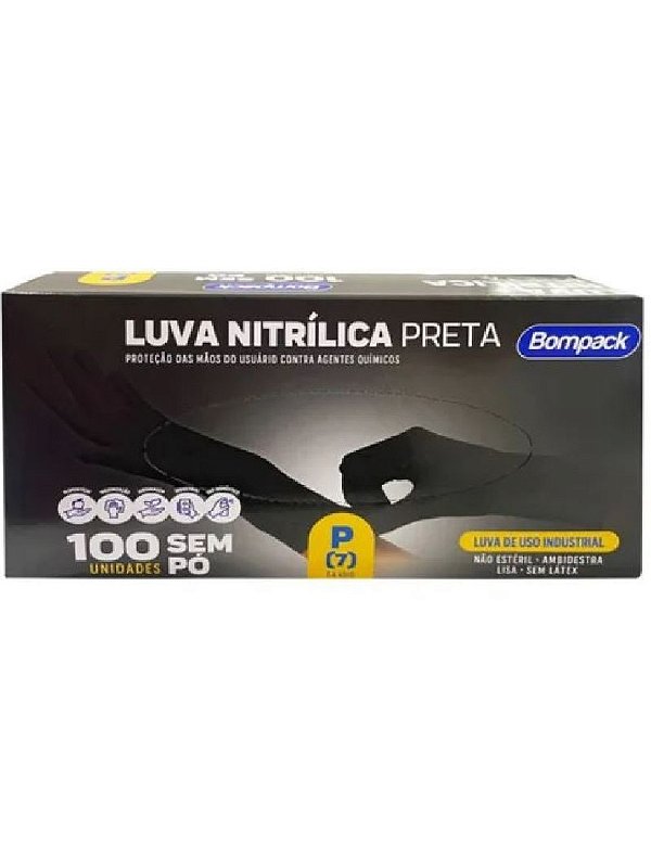CAIXA DE LUVA NITRILICA PRETA P 100UND BOMPACK
