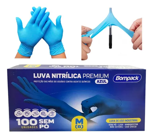 CAIXA DE LUVA NITRILICA AZUL M 100UND BOMPACK