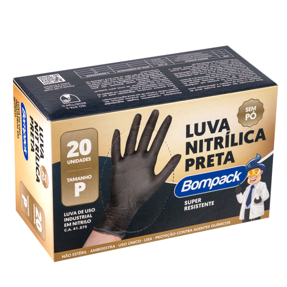 CAIXA DE LUVA COM 20UND P(7) NITRILICA PRETA BOMPACK