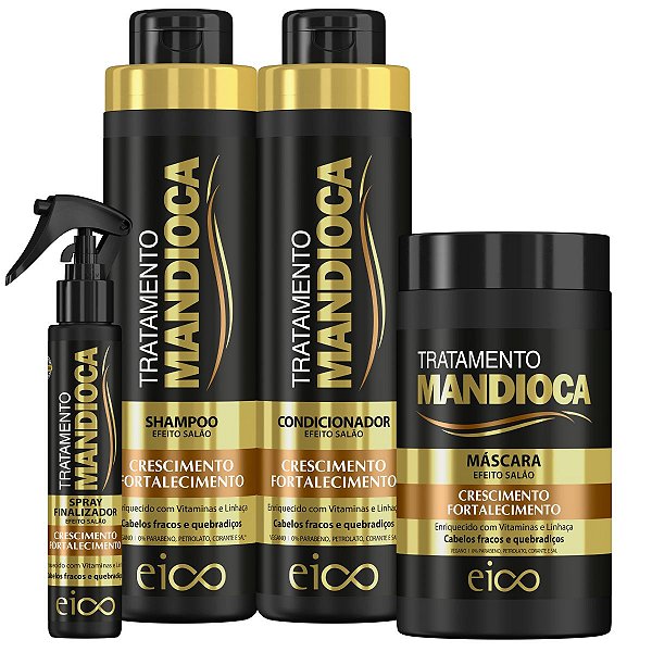Kit Eico Mandioca Shampoo 800ml e Condicionador 750ml + Máscara Hidratação 12X1 1Kg + Spray Finalizador Leave-In 120ml