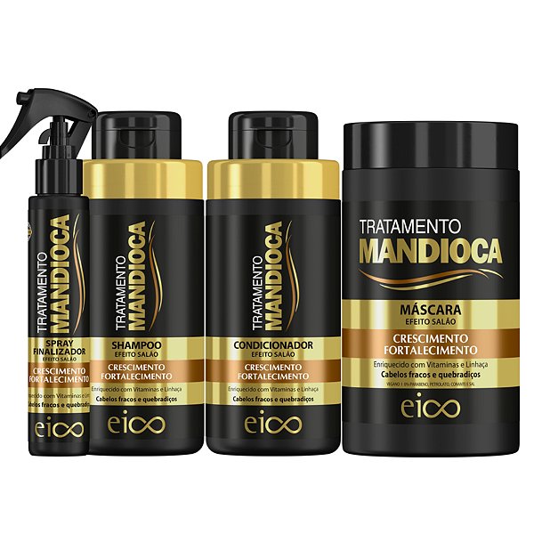 Kit Eico Shampoo 450ml e Condicionador 400ml Mandioca + Máscara Hidratação 1Kg + Spray Finalizador Leave-In 120ml