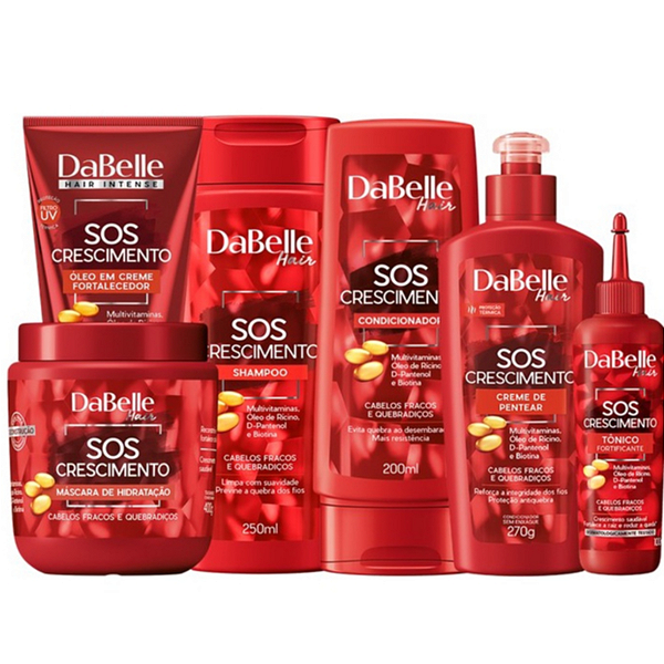 Kit Dabelle SOS Crescimento Shampoo 250ml e Condicionador 175ml + Máscara Fortalecimento 400g + Creme de Pentear 270g + Óleo em Creme 190ml + Tônico 100ml