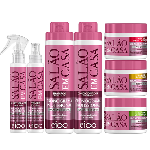 Kit Eico Salão Em Casa Cronograma Shampoo 800ml Condicionador 750ml Máscaras Hidratação Nutrição Reconstrução 270g Spray Selante 120ml Tônico 120ml