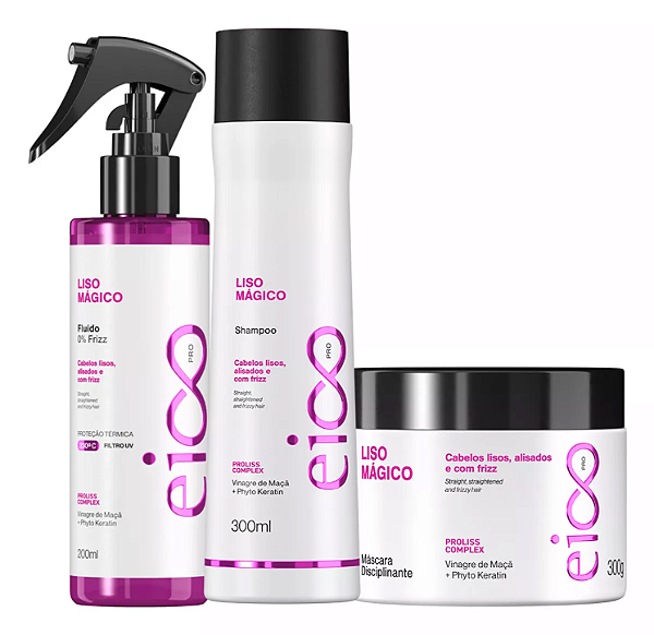 Kit Eico Pro Tratamento Liso Mágico Shampoo 300ml Efeito Liso Máscara Hidratação 300g Spray Fluido Leave-in Protetor Térmico 200ml