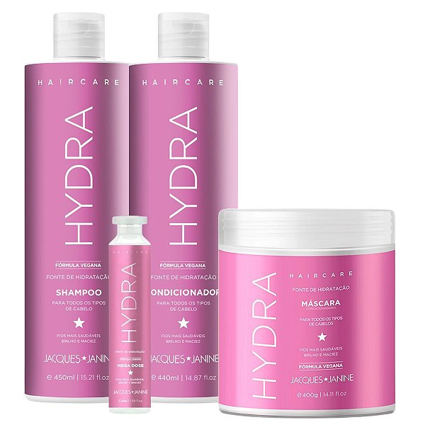Kit Jacques Janine Hair Care Hydra Shampoo 450ml Condicionador Leave-In 440ml Máscara Reparação 400g Ampola 45ml