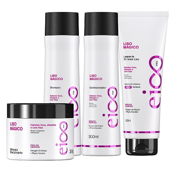 Kit Eico Pro Liso Mágico Shampoo 300ml Condicionador 300ml Máscara Hidratação 300g Leave-in Finalizador 200ml