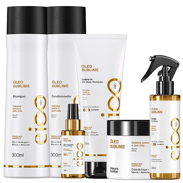 Kit Eico Pro Óleo Sublime Shampoo 300ml Condicionador 300ml Máscara Nutrição 300g Leave-In e Spray Finalizador 200ml Reparador Pontas 100ml