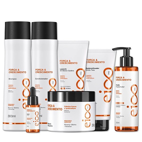 Kit Eico Pro Força e Crescimento Shampoo 300ml Condicionador Leave-In 300ml Máscara Hidratação 300g Redensificador 190ml Leave-In e Spray Finalizador 200ml Booster 30ml