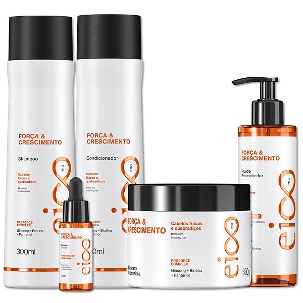 Kit Eico Pro Força e Crescimento Shampoo 300ml Condicionador Leave-In 300ml Máscara Hidratação 300g Spray Finalizador 200ml Booster 30ml