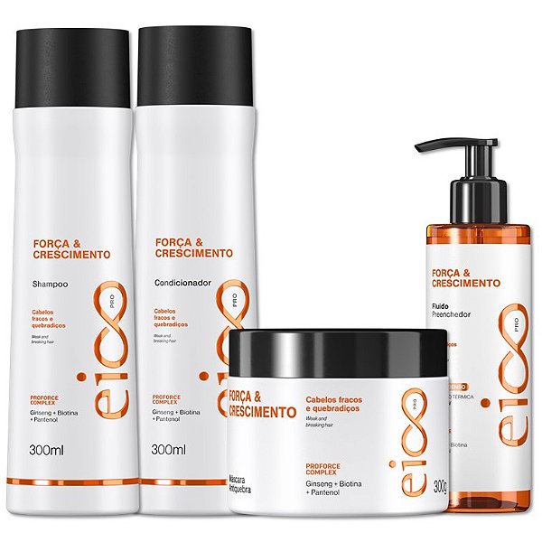 Kit Eico Pro Força e Crescimento Shampoo 300ml Condicionador Leave-In 300ml Máscara Hidratação 300g Spray Finalizador 200ml