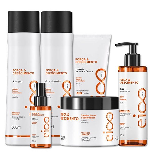 Kit Eico Pro Força e Crescimento Shampoo 300ml Condicionador Leave-In 300ml Máscara Hidratação 300g Leave-In e Spray Finalizador 200ml Tônico 100ml