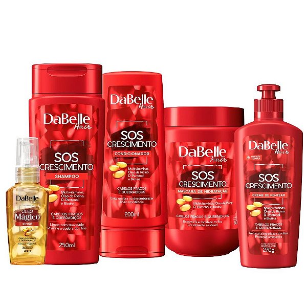 Kit Dabelle SOS Crescimento Shampoo 250ml Condicionador 175ml Máscara 800g Creme de Pentear 270g Óleo Reparador 45ml