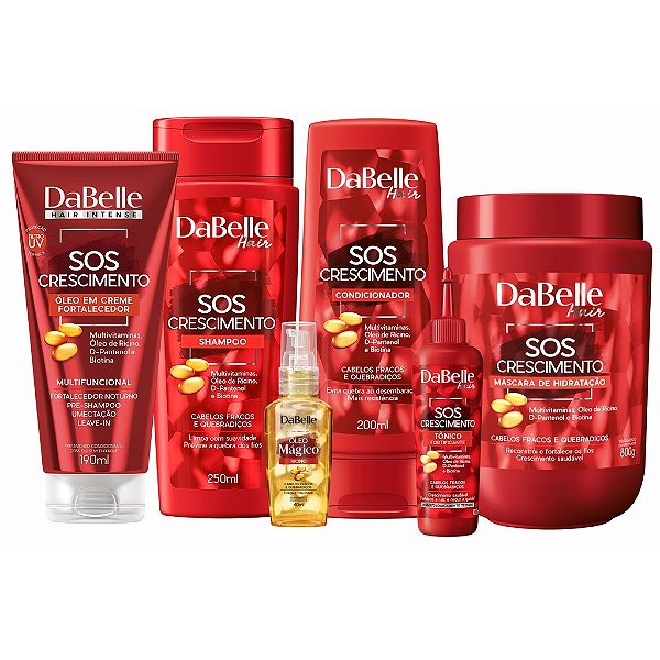 Kit Dabelle SOS Crescimento Shampoo 250ml Condicionador 175ml Máscara 800g Óleo em Creme 190ml Tônico 100ml Óleo Reparador 45ml