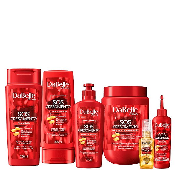 Kit Dabelle SOS Crescimento Shampoo 250ml Condicionador 175ml Máscara 800g Creme de Pentear 270g Tônico 100ml Óleo Reparador 45ml