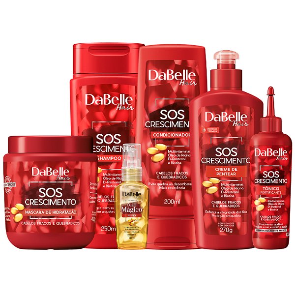 Kit Dabelle SOS Crescimento Shampoo 250ml Condicionador 175ml Máscara 400g Creme de Pentear 270g Tônico 100ml Óleo Reparador 45ml