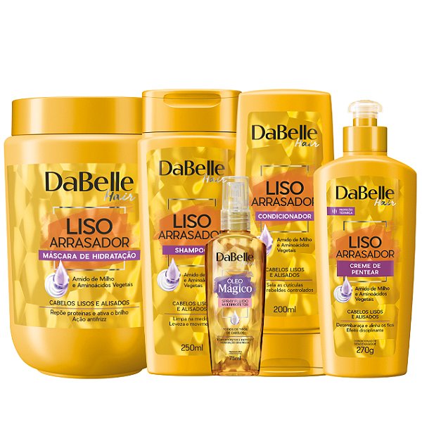 Kit Dabelle Liso Arrasador Shampoo 250ml Condicionador Máscara 800g 175ml Creme de Pentear 270g Óleo Spray Multiprotetor 75ml