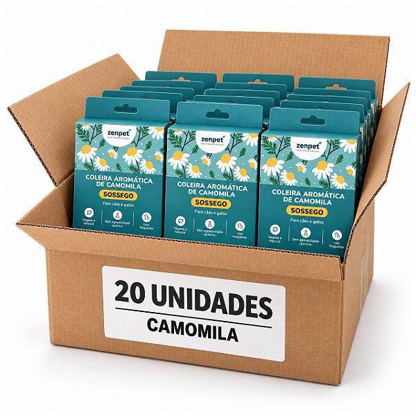 Caixa com 20 Coleiras Aromáticas de Camomila SOSSEGO – Zenpet Brasil