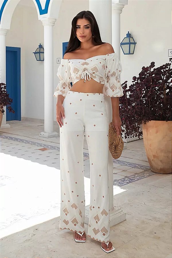 CONJ.CALÇA E CROPPED FRANZIDO BORDADO