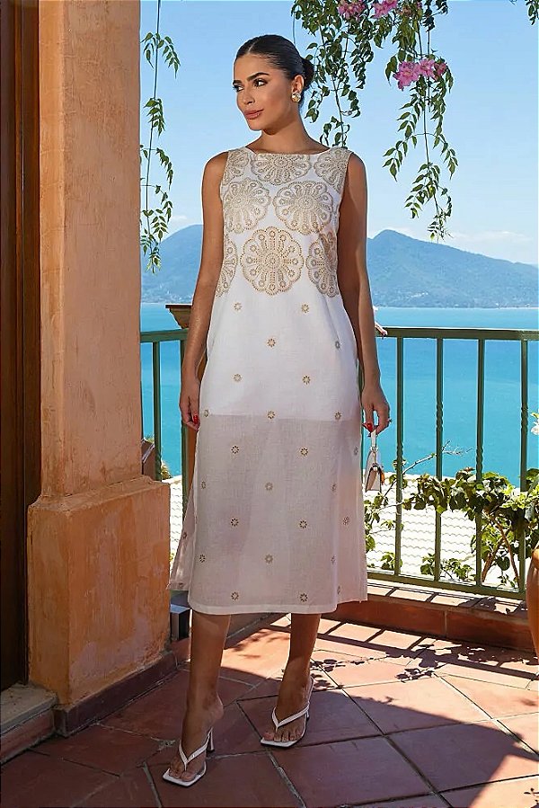 VESTIDO LONGO S/MANGA BORDADO C/POMPOM