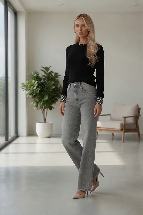 BLUSA LÃ DECOTE REDONDO M/L COM PUNHO VICHY