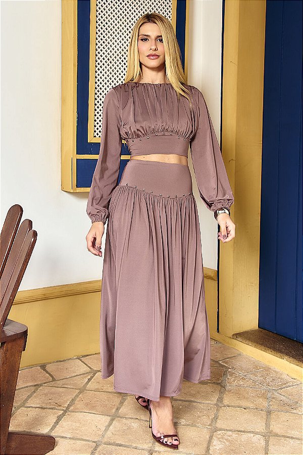 CONJ.MALHA JERSY BLUSA CROPPED FRANZIDO E SAIA MIDI