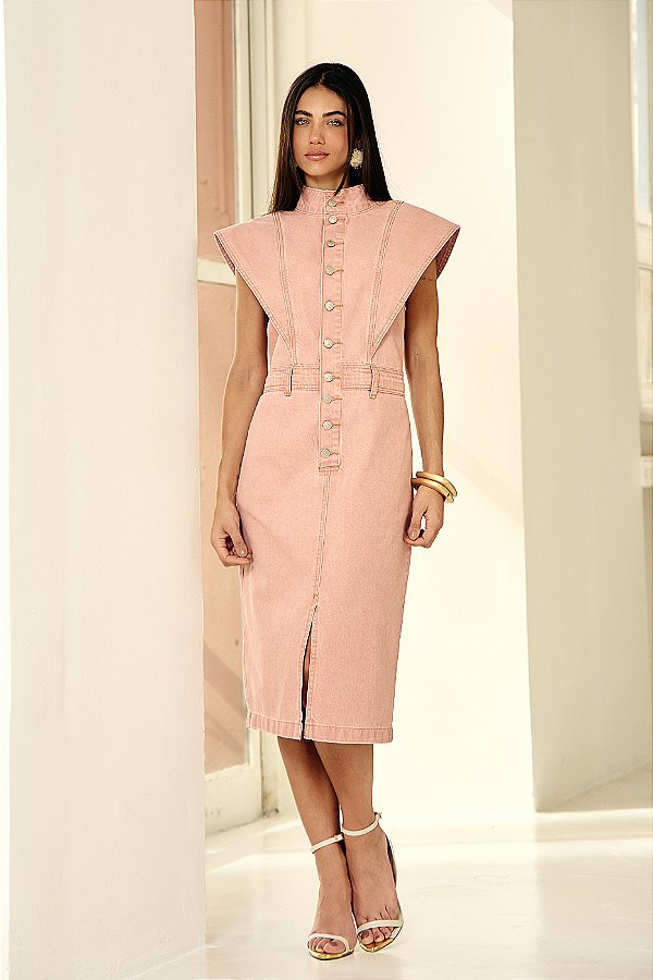 VESTIDO JEANS COLOR MIDI C/ BOTÃO FRONTAL