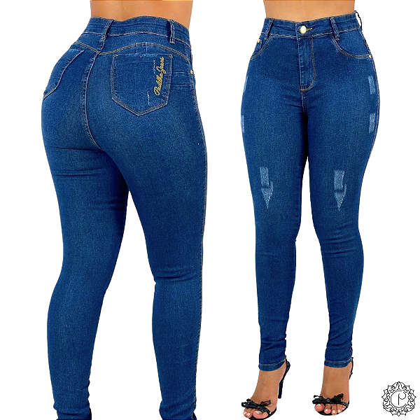Calça Jeans Feminina Skinny Puido Elastano Cintura Alta Efeito Levanta Bumbum