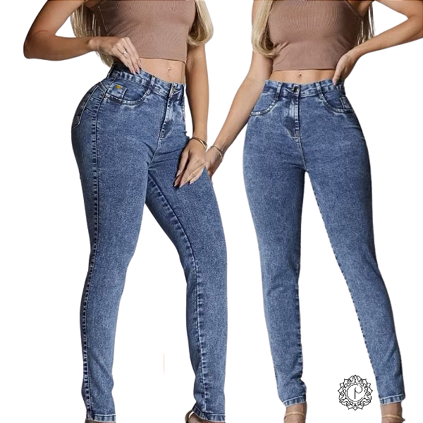 Calça Jeans Feminina Skinny  Marmozidada C/ Puido Elastano Cintura Alta Efeito Levanta Bumbum