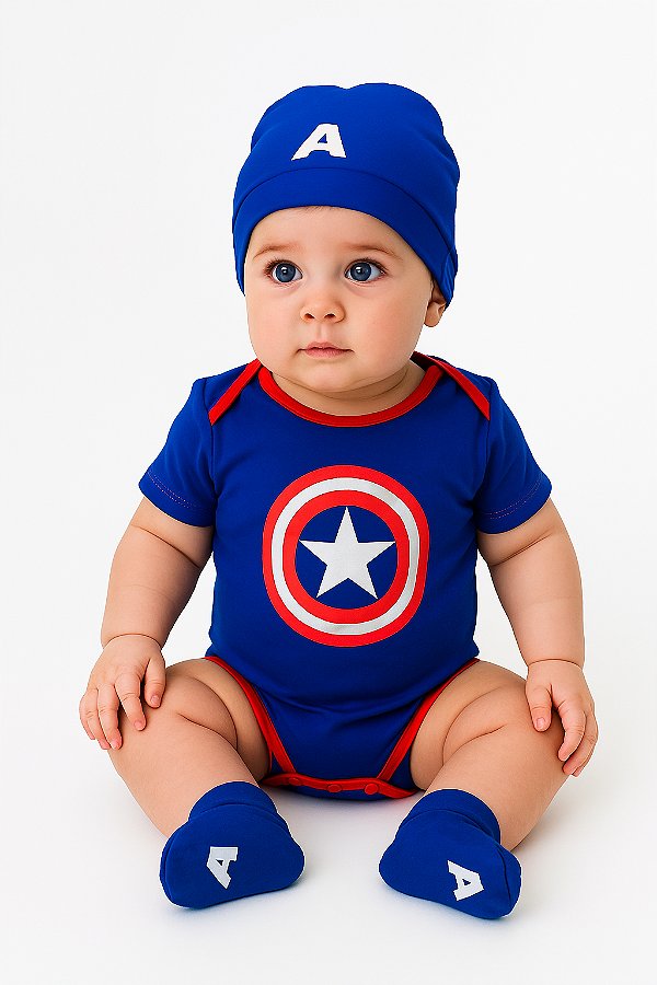 Body para Bebê Manga Curta Capitão America com Gorro e Sapato