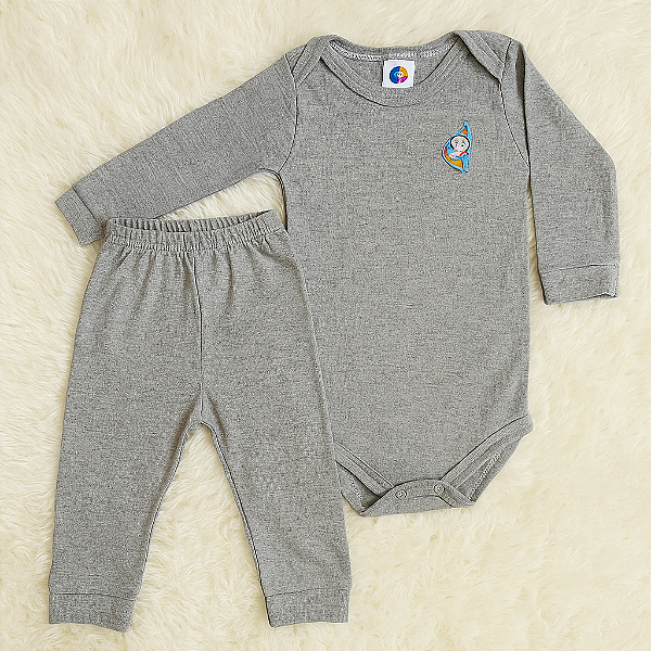 Kit Body e Calça Liso Algodão Com Detalhe em Aplique Cinza