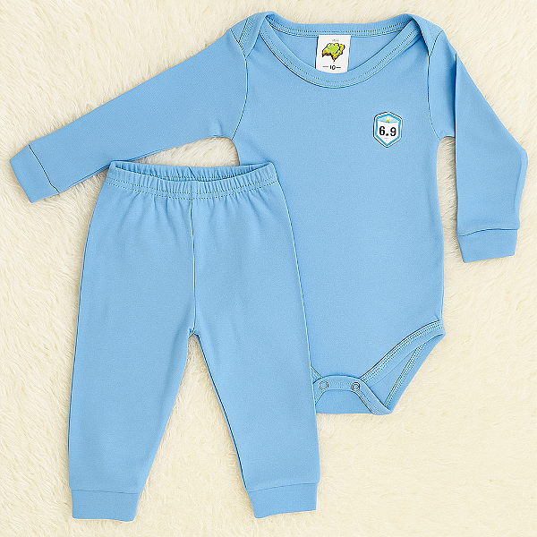 Kit Body e Calça Liso Algodão Com Detalhe em Aplique Azul Bebê