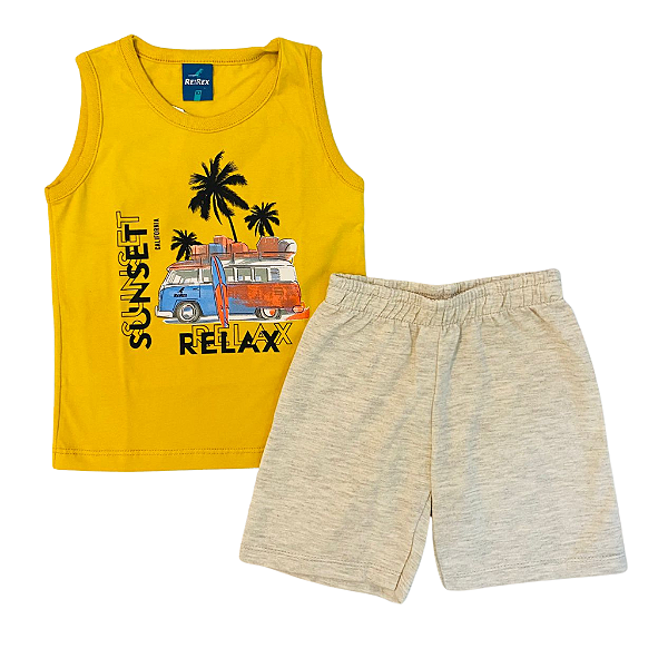 Conjunto Camiseta Regata e Bermuda Moletinho 01/02/03 ReiREx Mostarda