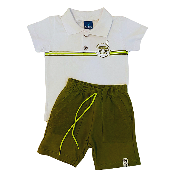 Conjunto Camiseta Gola Polo e Bermuda Moletom com Bolso 01/02/03 Branco