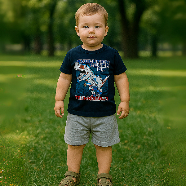 Conjunto Infantil Camiseta Dino e Bermuda 01/02/03 Marinho