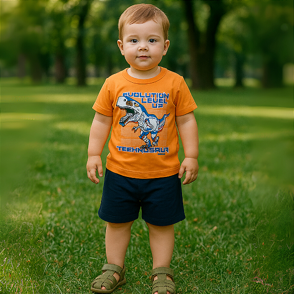 Conjunto Infantil Camiseta Dino e Bermuda 01/02/03 Orange