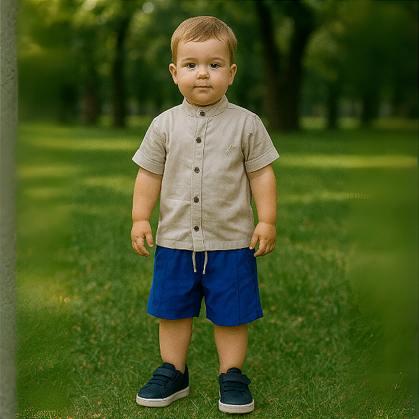 Conjunto Infantil Menino com Camisa e Bermuda - ReiRex - Mescla 01/02/03