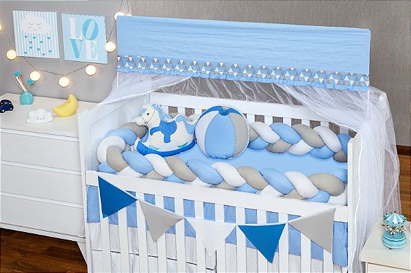 KIT DE BERCO BALU BABY TRANÇA - CAVALINHO DE PAU AZUL