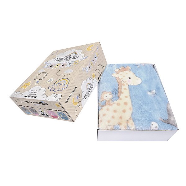 COBERTOR FLANNEL CARINHAS GIRAFA AZUL